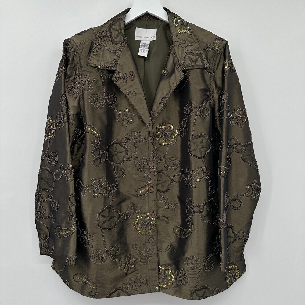 Susan Graver Jacket Coat Size 1X Olive Green‎ Embroidered Floral Lined Sequins